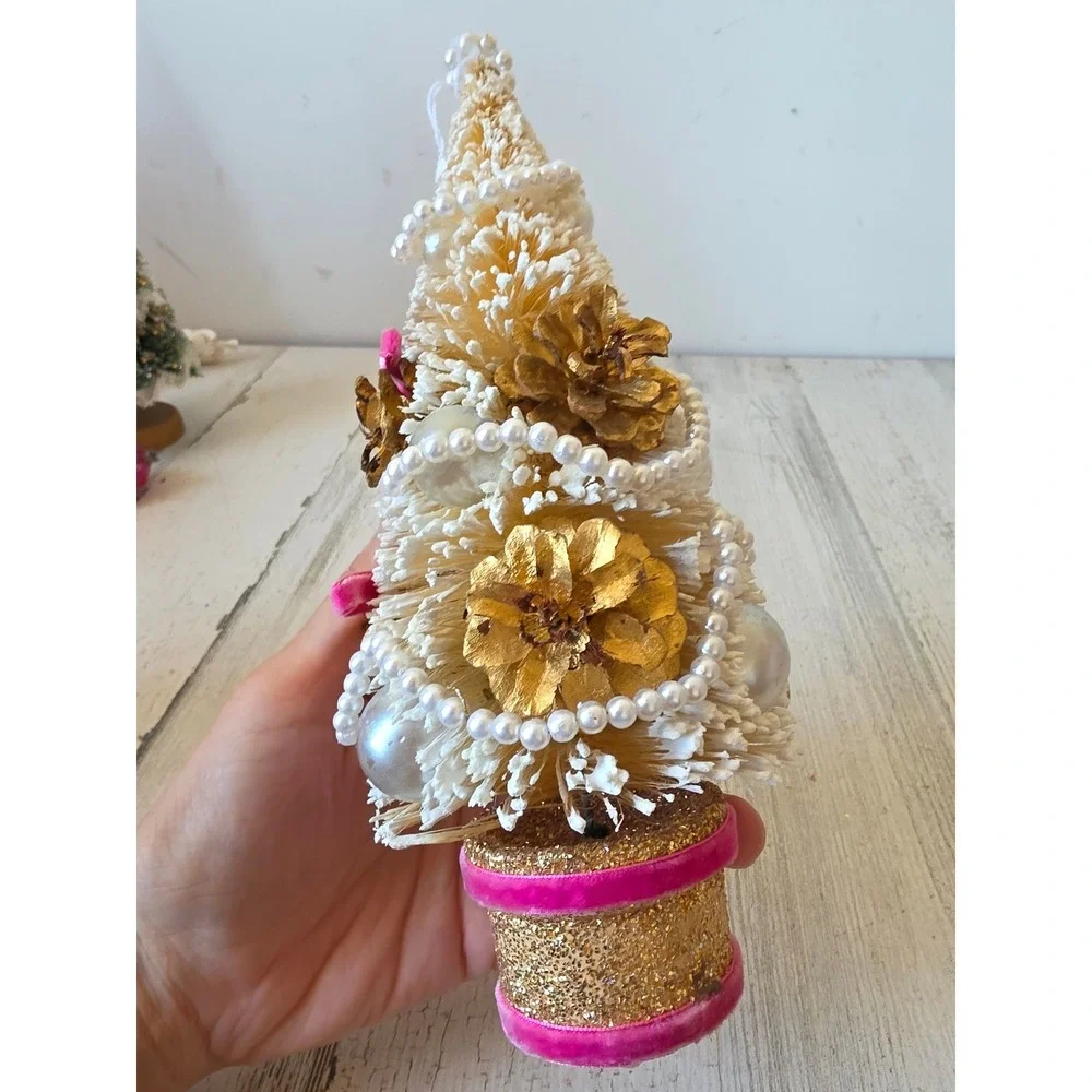 Antique pinecone gold mini bottle brush tree felt beaded pearls Xmas decor